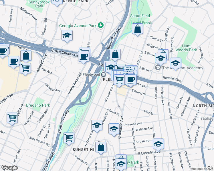 map of restaurants, bars, coffee shops, grocery stores, and more near 673 Locust Street in Mount Vernon