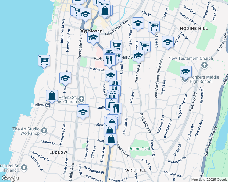map of restaurants, bars, coffee shops, grocery stores, and more near 20 Cedar Place in Yonkers