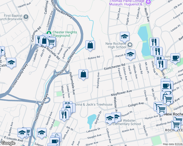 map of restaurants, bars, coffee shops, grocery stores, and more near 267 Eastchester Road in New Rochelle