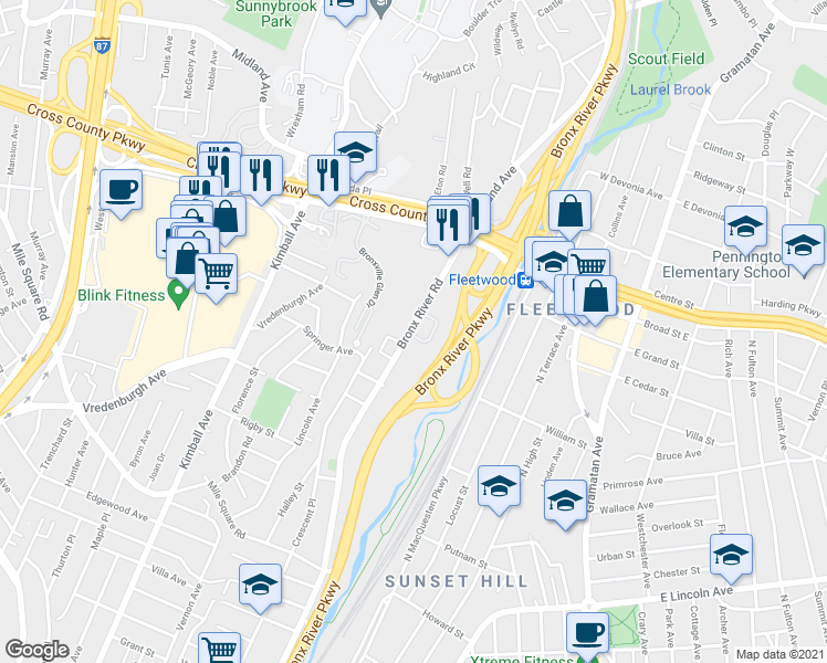 map of restaurants, bars, coffee shops, grocery stores, and more near 773 Bronx River Road in Yonkers