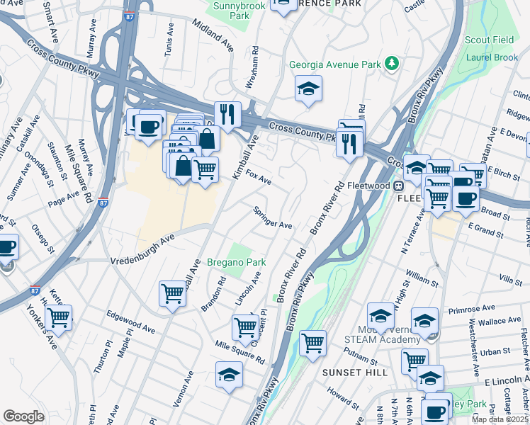 map of restaurants, bars, coffee shops, grocery stores, and more near 25 Springer Avenue in Yonkers