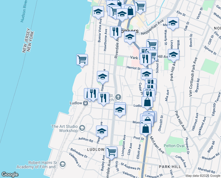 map of restaurants, bars, coffee shops, grocery stores, and more near 192 Hawthorne Avenue in Yonkers