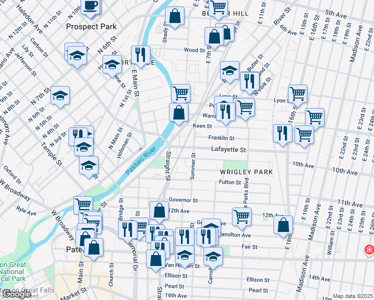 map of restaurants, bars, coffee shops, grocery stores, and more near 25 Lafayette Street in Paterson