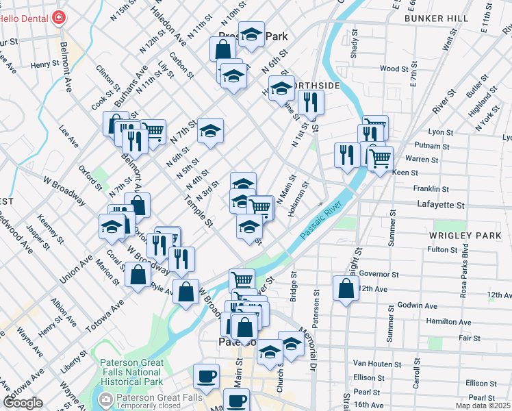 map of restaurants, bars, coffee shops, grocery stores, and more near 70 Jefferson Street in Paterson