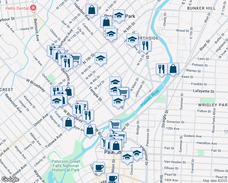 map of restaurants, bars, coffee shops, grocery stores, and more near 81 Arch Street in Paterson