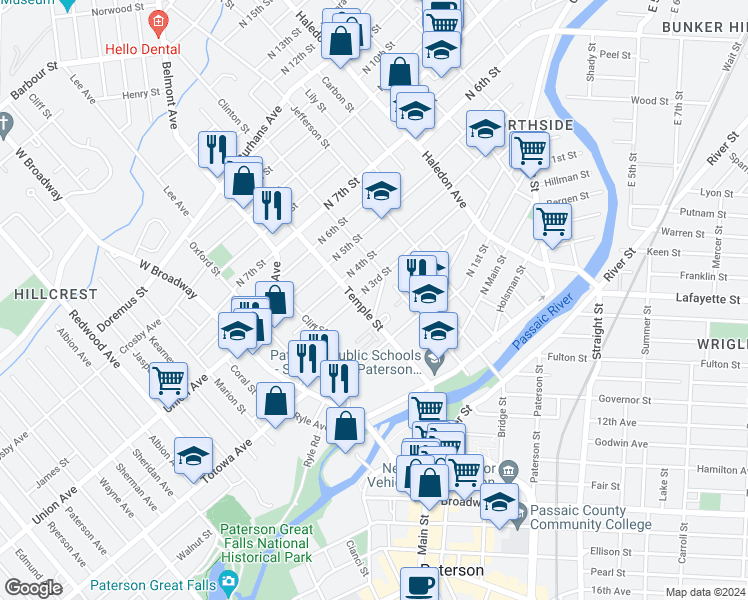 map of restaurants, bars, coffee shops, grocery stores, and more near 68-74 North 3rd Street in Paterson