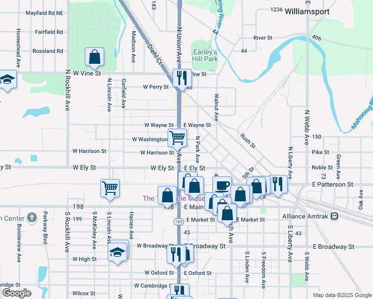 map of restaurants, bars, coffee shops, grocery stores, and more near 31 East Washington Street in Alliance