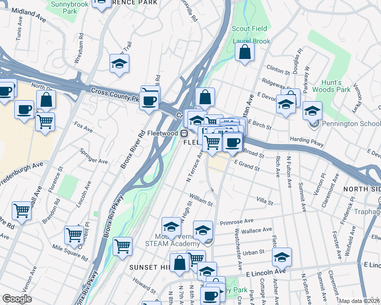 map of restaurants, bars, coffee shops, grocery stores, and more near 673 Locust Street in Mount Vernon