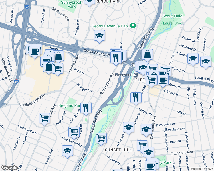 map of restaurants, bars, coffee shops, grocery stores, and more near 773 Bronx River Road in Yonkers