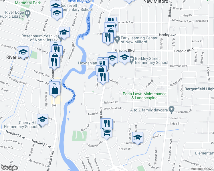 map of restaurants, bars, coffee shops, grocery stores, and more near 903 River Road in New Milford
