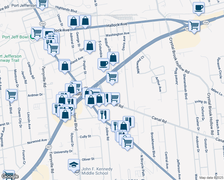 map of restaurants, bars, coffee shops, grocery stores, and more near 5141 Nesconset Highway in Port Jefferson Station