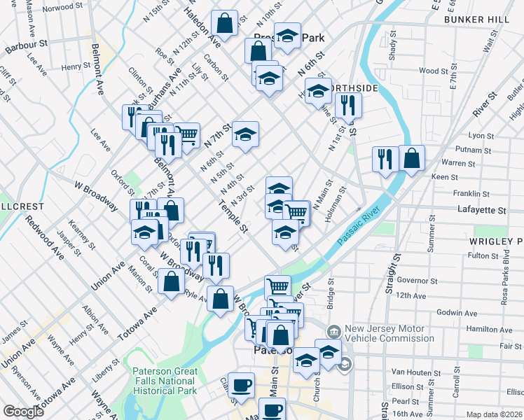 map of restaurants, bars, coffee shops, grocery stores, and more near 79 Clinton Street in Paterson