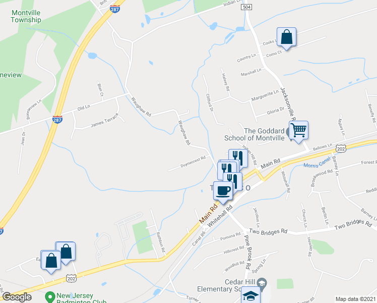 map of restaurants, bars, coffee shops, grocery stores, and more near 30 Waughaw Road in Montville