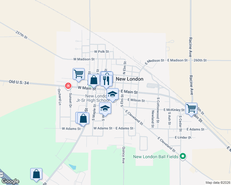 map of restaurants, bars, coffee shops, grocery stores, and more near 100 East Main Street in New London