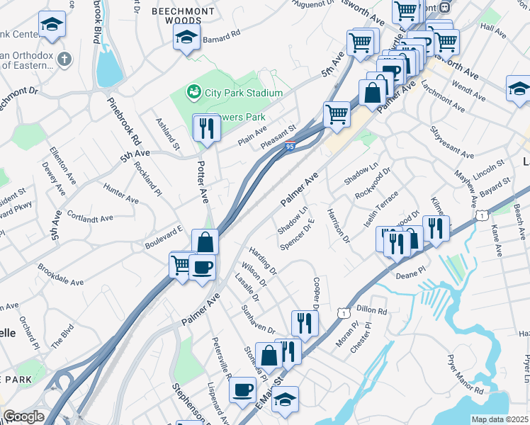 map of restaurants, bars, coffee shops, grocery stores, and more near 2241 Palmer Avenue in New Rochelle