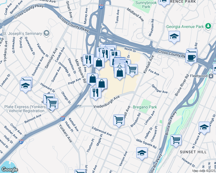 map of restaurants, bars, coffee shops, grocery stores, and more near 95-99 Stillwell Avenue in Yonkers
