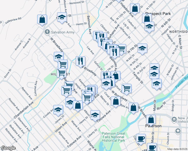 map of restaurants, bars, coffee shops, grocery stores, and more near 52 Laurel Street in Paterson
