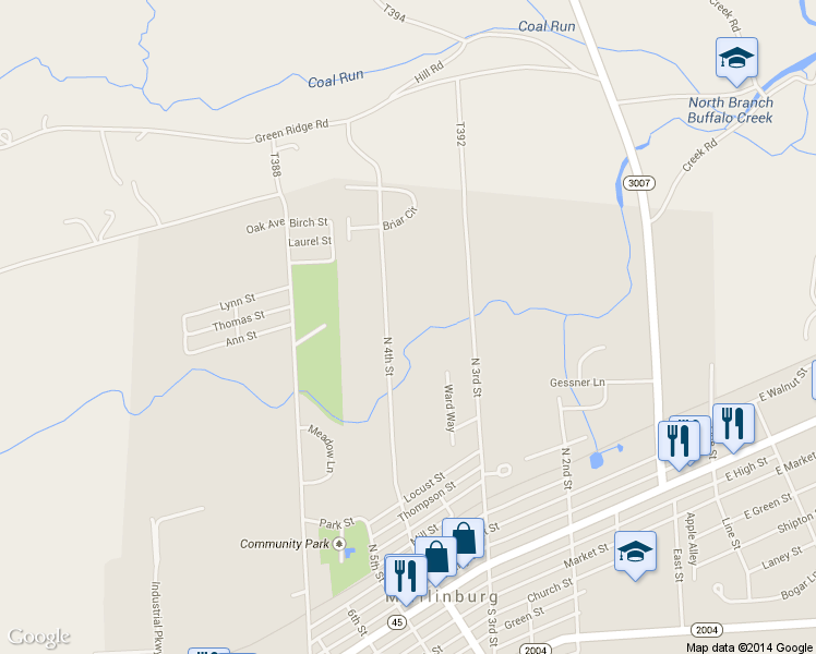 map of restaurants, bars, coffee shops, grocery stores, and more near 510 North 4th Street in Mifflinburg