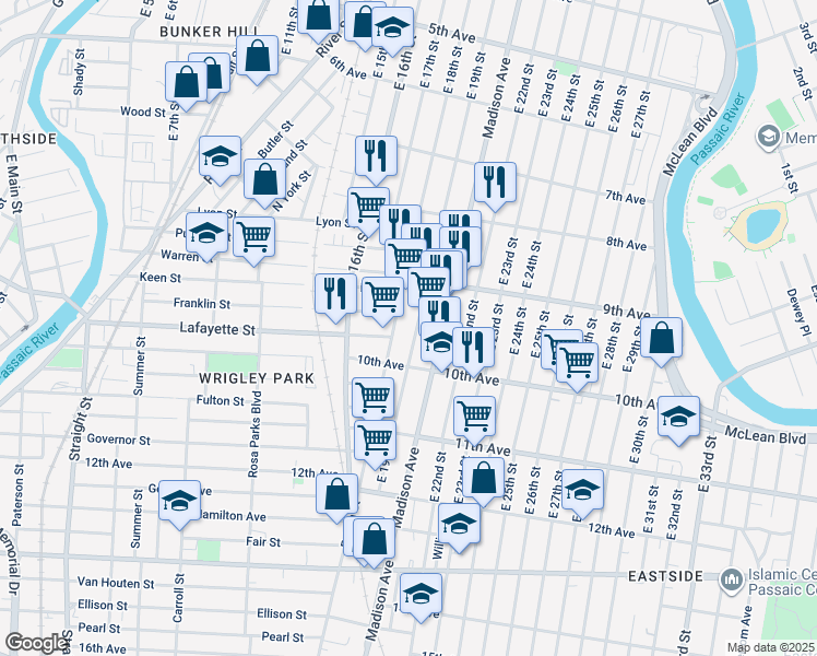 map of restaurants, bars, coffee shops, grocery stores, and more near 446 East 19th Street in Paterson