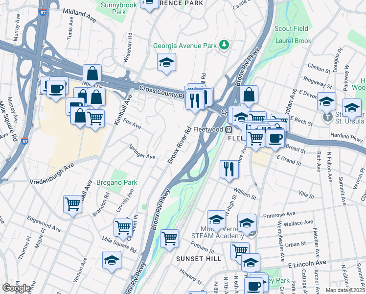 map of restaurants, bars, coffee shops, grocery stores, and more near 754 Bronx River Road in Yonkers