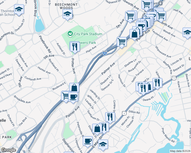 map of restaurants, bars, coffee shops, grocery stores, and more near 2241 Palmer Avenue in New Rochelle