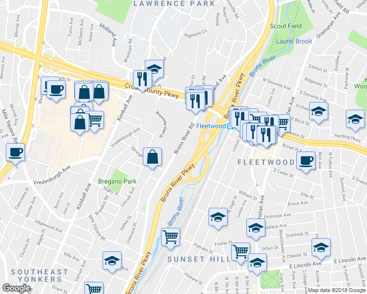map of restaurants, bars, coffee shops, grocery stores, and more near 800 Bronx River Road in Yonkers