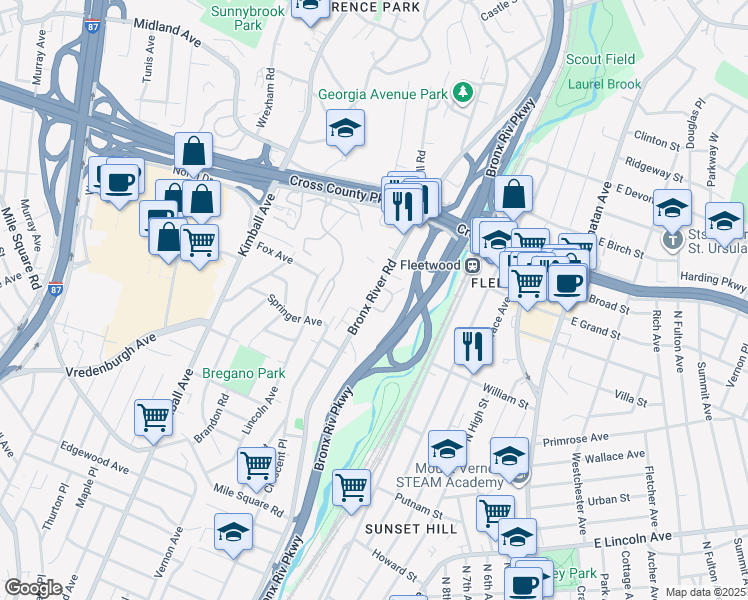 map of restaurants, bars, coffee shops, grocery stores, and more near 800 Bronx River Road in Yonkers