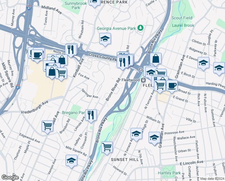 map of restaurants, bars, coffee shops, grocery stores, and more near 773 Bronx River Road in Yonkers