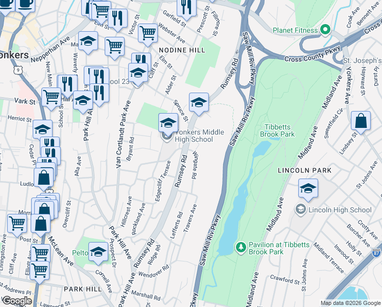 map of restaurants, bars, coffee shops, grocery stores, and more near 250 Rumsey Road in Yonkers