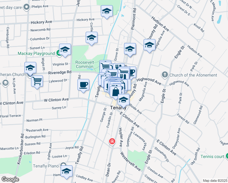 map of restaurants, bars, coffee shops, grocery stores, and more near 20 West Railroad Avenue in Tenafly