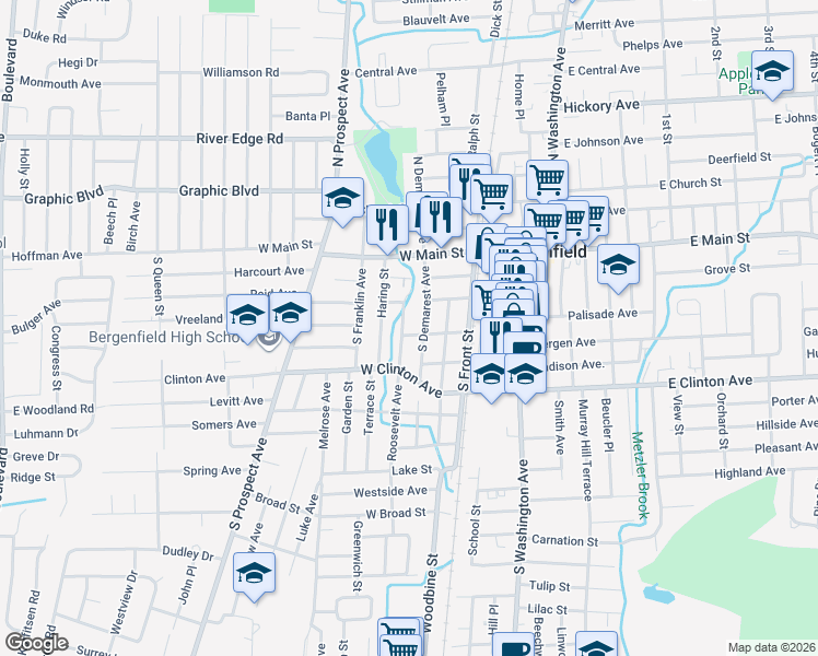 map of restaurants, bars, coffee shops, grocery stores, and more near 52 South Demarest Avenue in Bergenfield