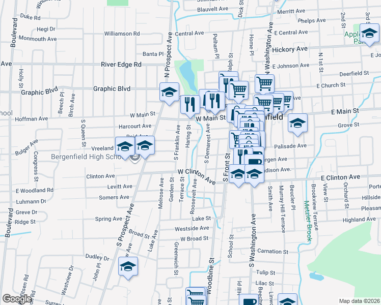 map of restaurants, bars, coffee shops, grocery stores, and more near 18 Roosevelt Avenue in Bergenfield