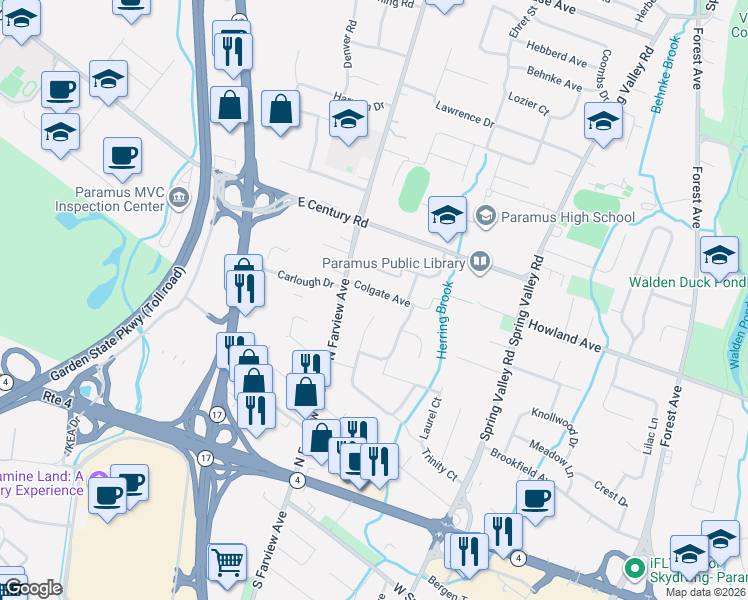 map of restaurants, bars, coffee shops, grocery stores, and more near 63 Colgate Avenue in Paramus