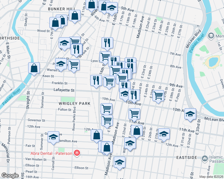 map of restaurants, bars, coffee shops, grocery stores, and more near 250 Franklin Street in Paterson