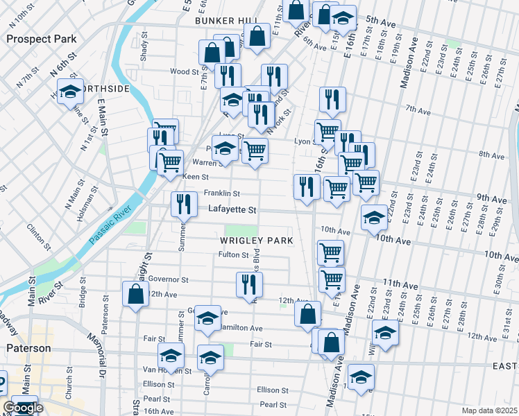 map of restaurants, bars, coffee shops, grocery stores, and more near 79 Rosa Parks Boulevard in Paterson