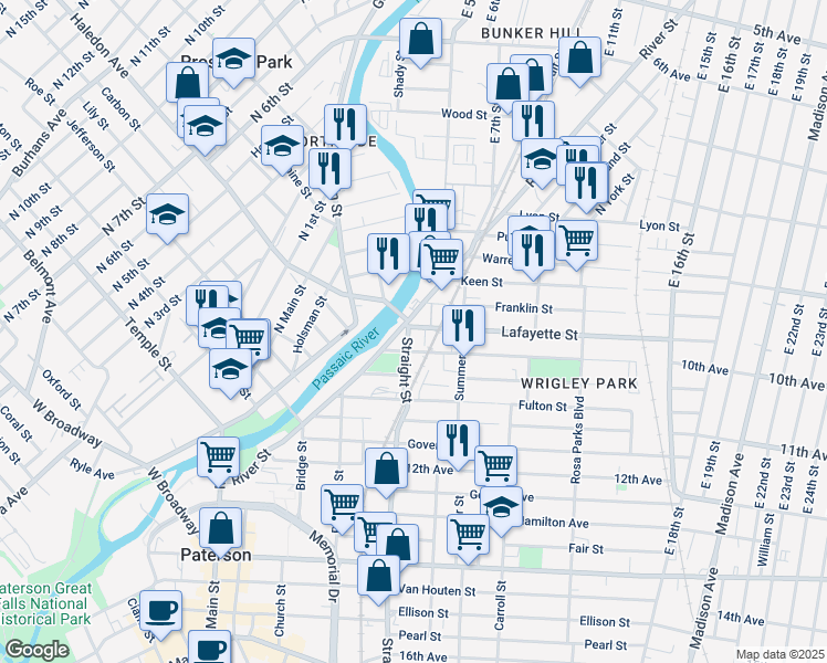map of restaurants, bars, coffee shops, grocery stores, and more near 265 River Street in Paterson