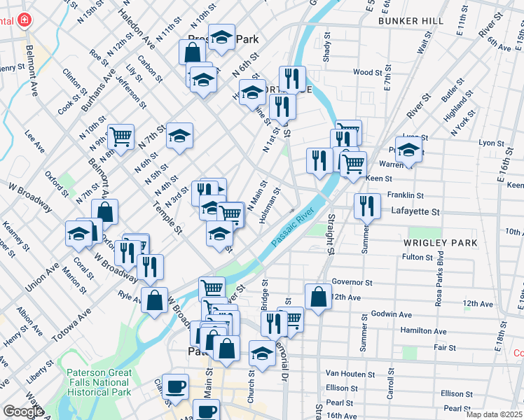 map of restaurants, bars, coffee shops, grocery stores, and more near 97 North Main Street in Paterson