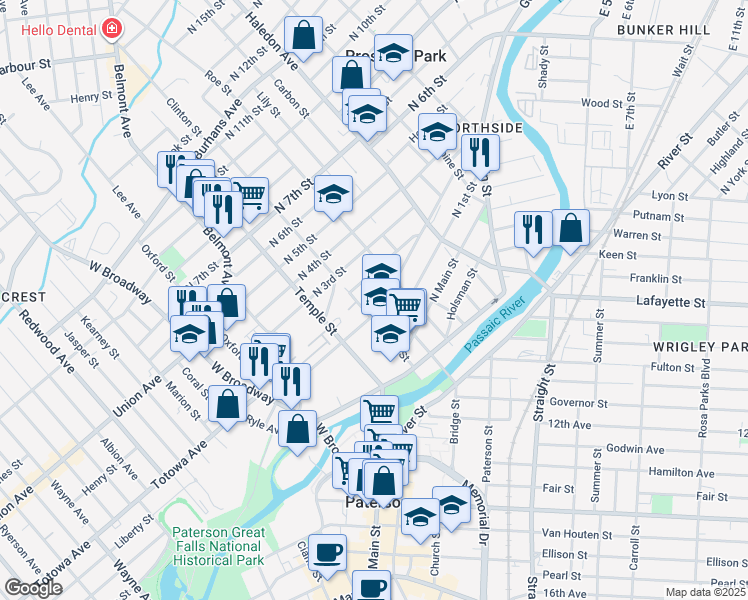 map of restaurants, bars, coffee shops, grocery stores, and more near 81 Arch Street in Paterson