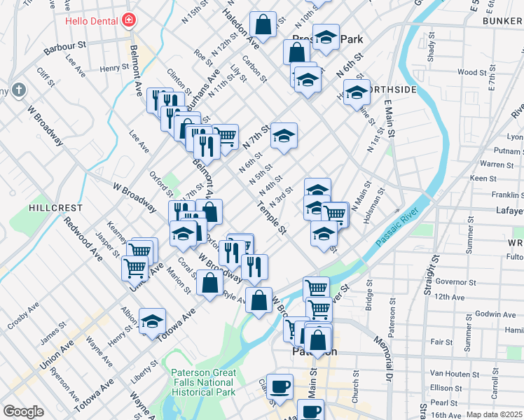 map of restaurants, bars, coffee shops, grocery stores, and more near 50 North 4th Street in Paterson