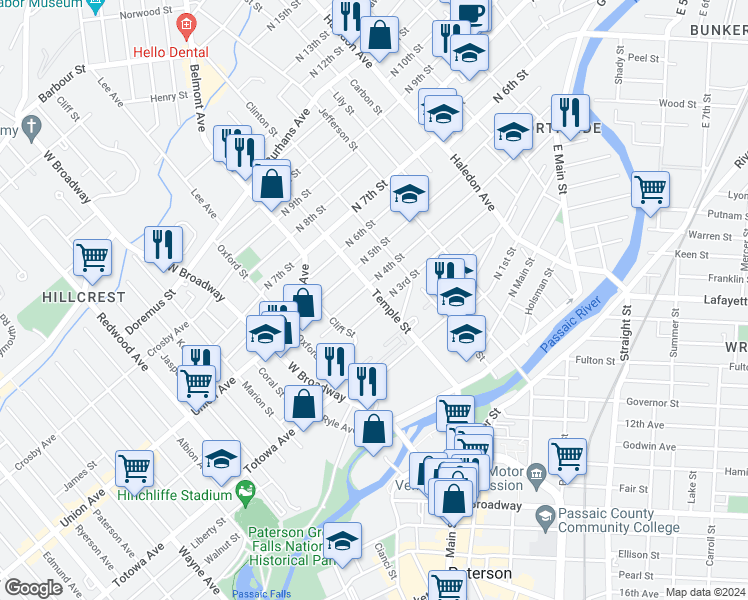 map of restaurants, bars, coffee shops, grocery stores, and more near 50 North 4th Street in Paterson