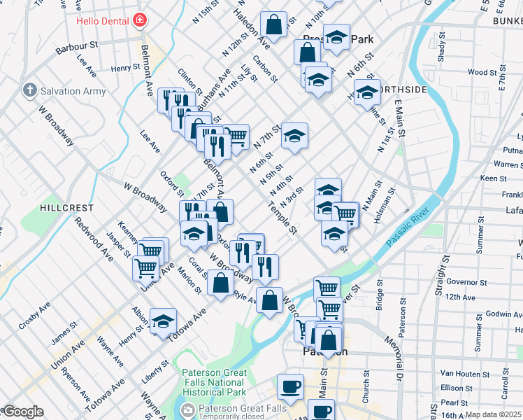 map of restaurants, bars, coffee shops, grocery stores, and more near 50 North 4th Street in Paterson