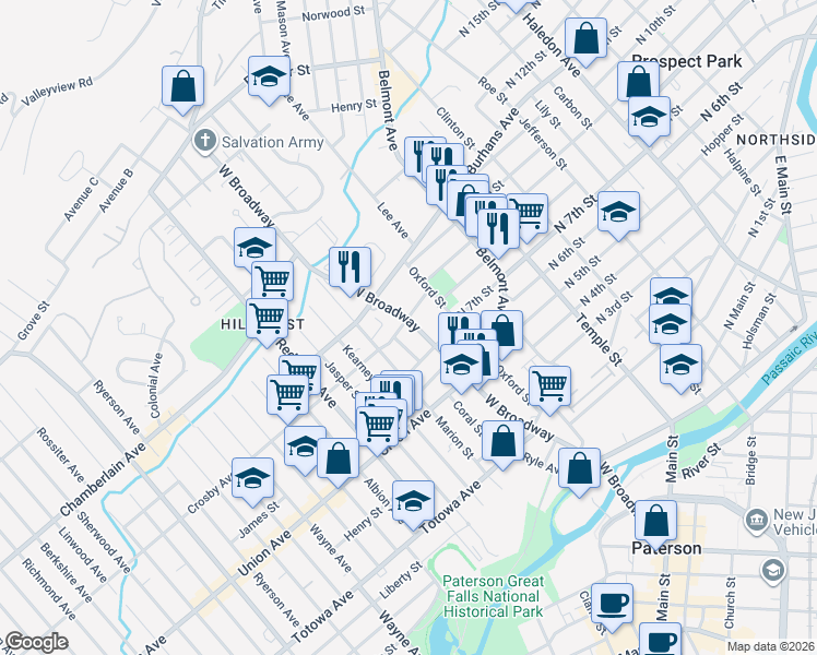 map of restaurants, bars, coffee shops, grocery stores, and more near 52 Laurel Street in Paterson