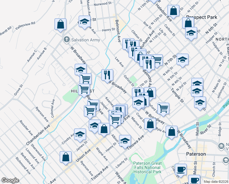 map of restaurants, bars, coffee shops, grocery stores, and more near 323 West Broadway in Paterson