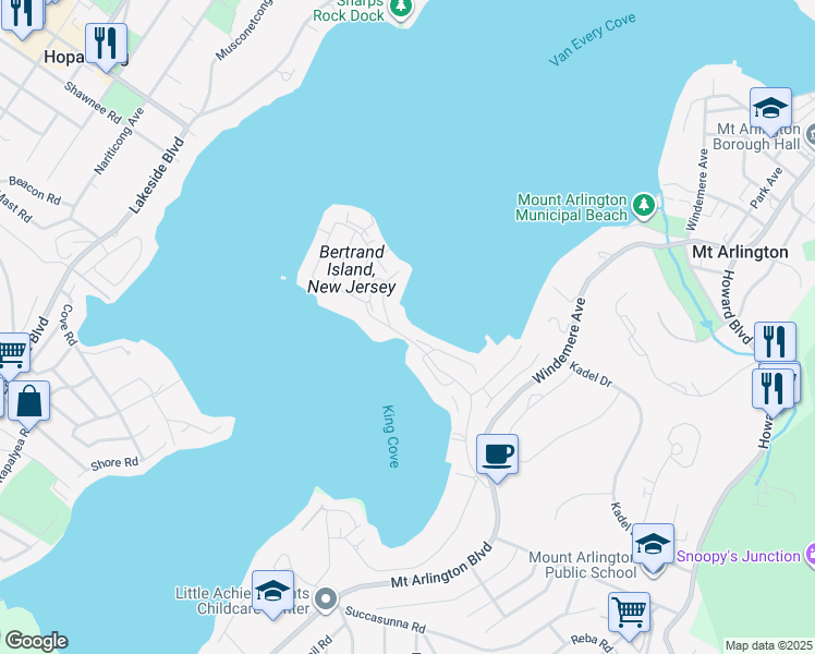 map of restaurants, bars, coffee shops, grocery stores, and more near 76 Bertrand Island Road in Mount Arlington