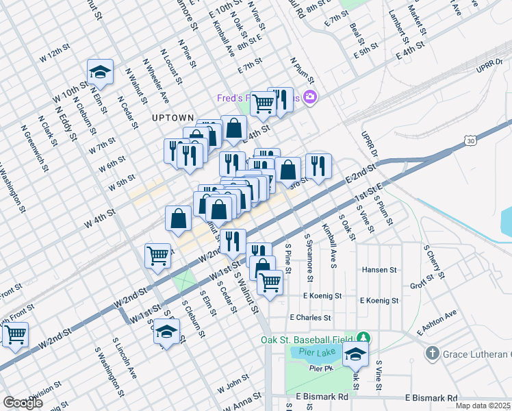 map of restaurants, bars, coffee shops, grocery stores, and more near 104 East 3rd Street in Grand Island