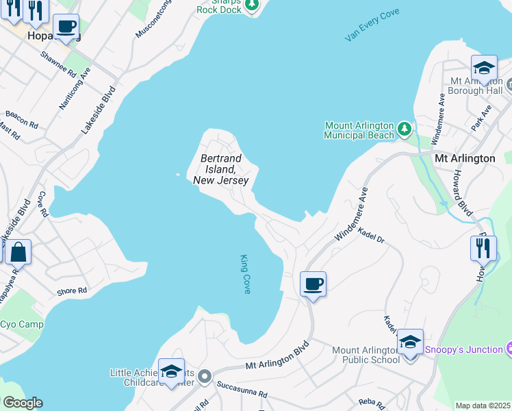 map of restaurants, bars, coffee shops, grocery stores, and more near 74 Bertrand Island Road in Mount Arlington