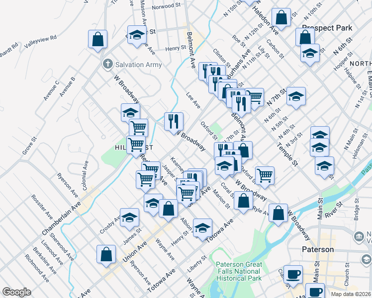 map of restaurants, bars, coffee shops, grocery stores, and more near 323 West Broadway in Paterson