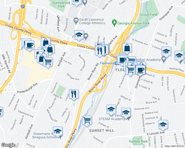 map of restaurants, bars, coffee shops, grocery stores, and more near 800 Bronx River Road in Yonkers