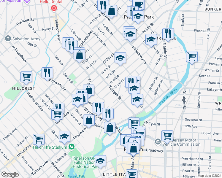 map of restaurants, bars, coffee shops, grocery stores, and more near 47 North 3rd Street in Paterson