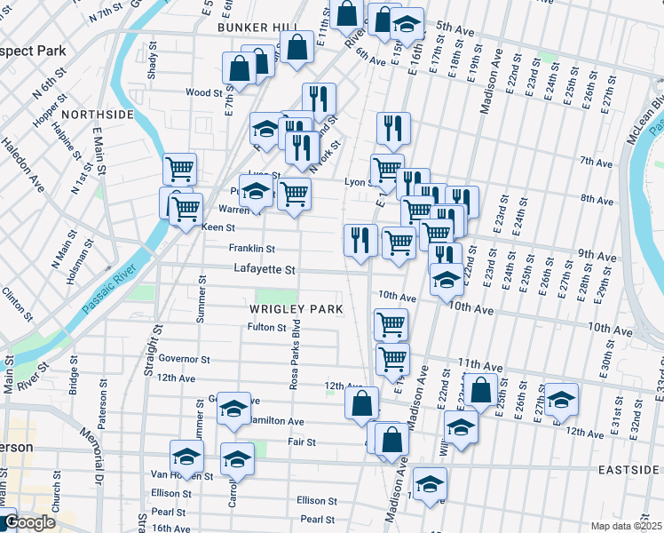 map of restaurants, bars, coffee shops, grocery stores, and more near 191 Lafayette Street in Paterson